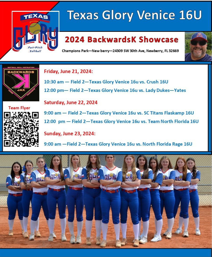 Hey Coaches!! Here is our BackwardsK Showcase Schedule, June 21-23, 2024, in Newberr, FL. Please make time to come and see my 18U and 16U Teams 🥎💪