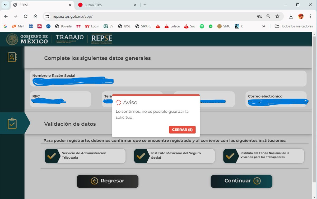 AdalbertoSanz's tweet photo. @pepesoto @STPS_mx Tengo una negativa por una "Diferencia no requiera" del INFONAVIT pero ya se regularizo y al continuar la Renovación en REPSE aparecen las 3 palomitas IMSS, SAT e INF.  pero al darle continuar me sale un aviso "Lo sentimos, no es posible guardar la solicitud." y no deja continuar https://t.co/9ldFq7XnJL