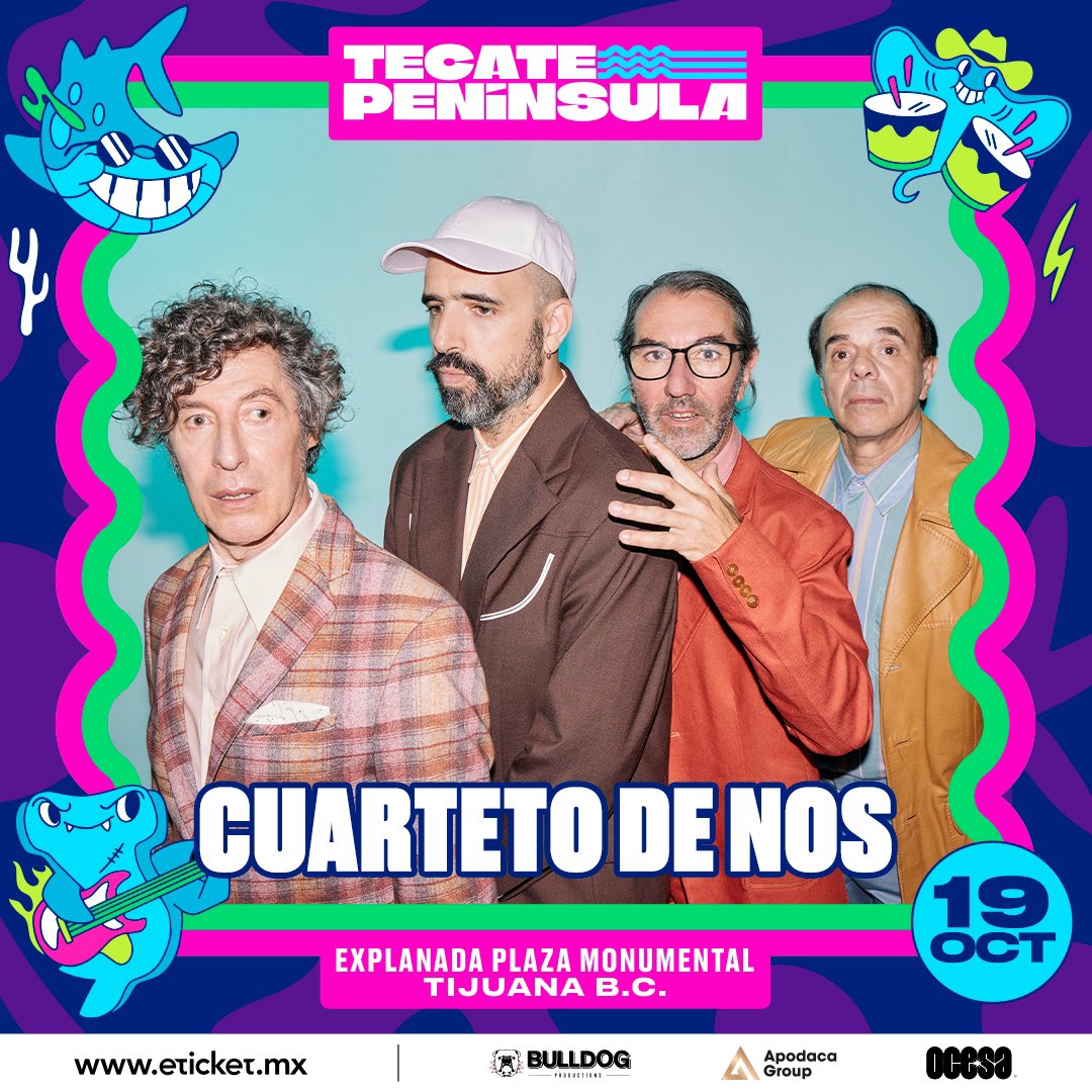 ¡CUARTETO DE NOS! 🎸 El cuarteto más icónico de todo Uruguay desfilará en #TecatePeninsula 🔥 <a href="/cuartetodenos/">Cuarteto de Nos</a> 

☀️ #PreventaCitibanamex 14 de Junio
🐚 Venta libre a partir del 15 de Junio
🌊 Boletos a través de Eticket