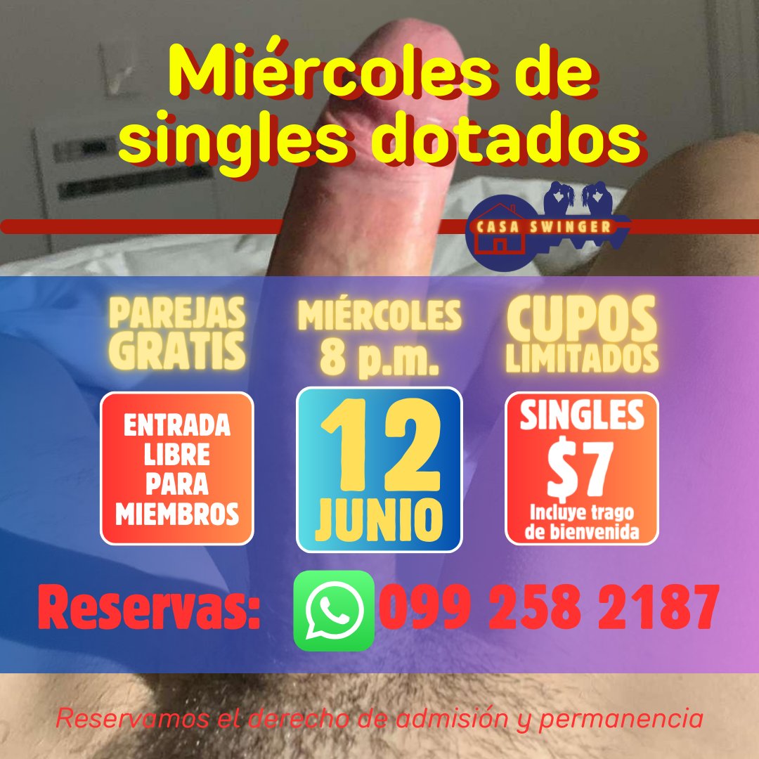 Hoy abrimos Casa Swinger, parejitas y singles invitados.

El primer disco-bar swinger de Cuenca. 

Reservas 📱 099 258 2187