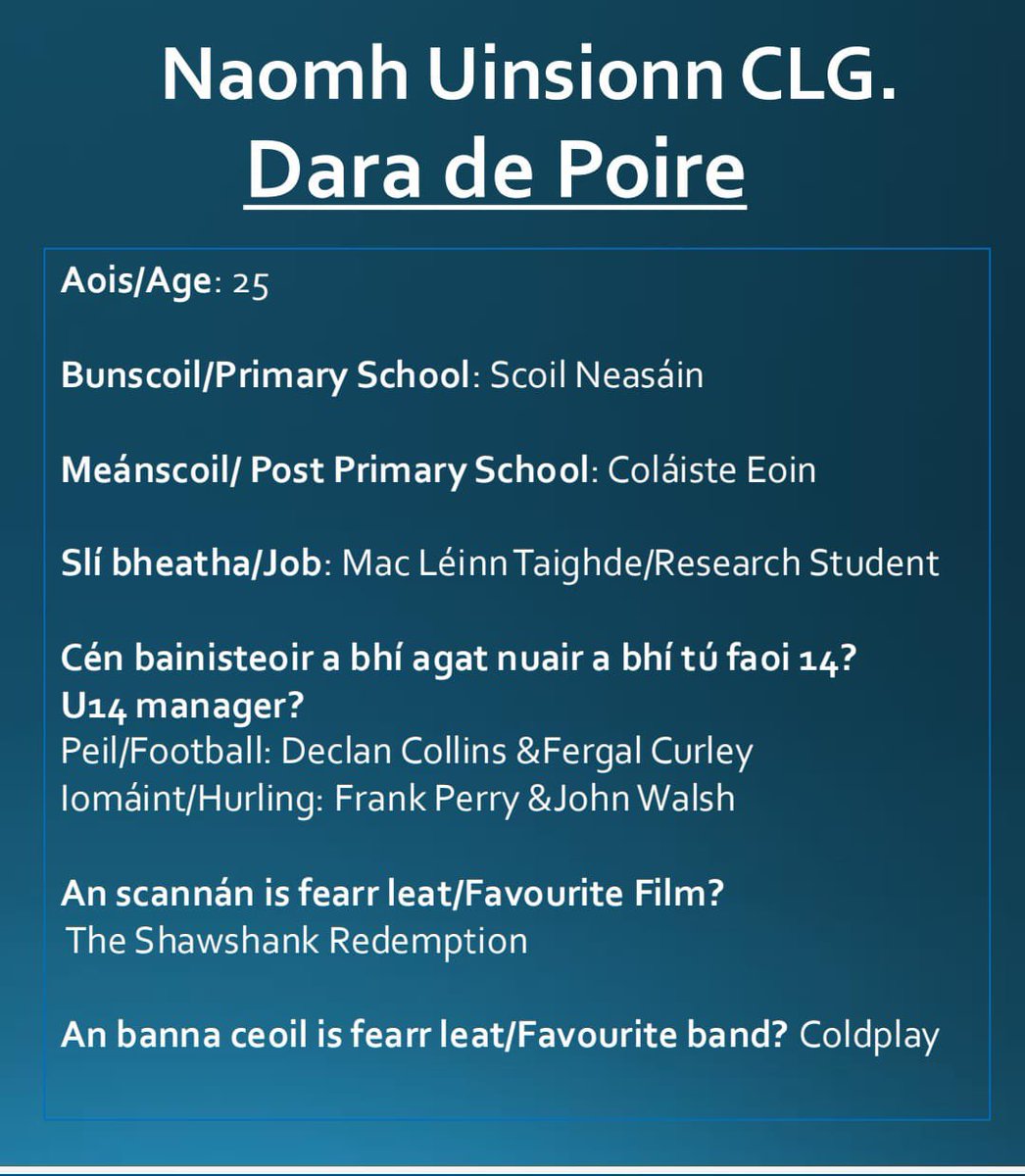 Cur aithne ar Ambasadóir na Gaeilge Naomh Uinsionn, Dara de Poire. #GAAGaeilge.

Get to know Ambasadóir na Gaeilge Naomh Uinsionn, Dara de Poire. #GAAGaeilge