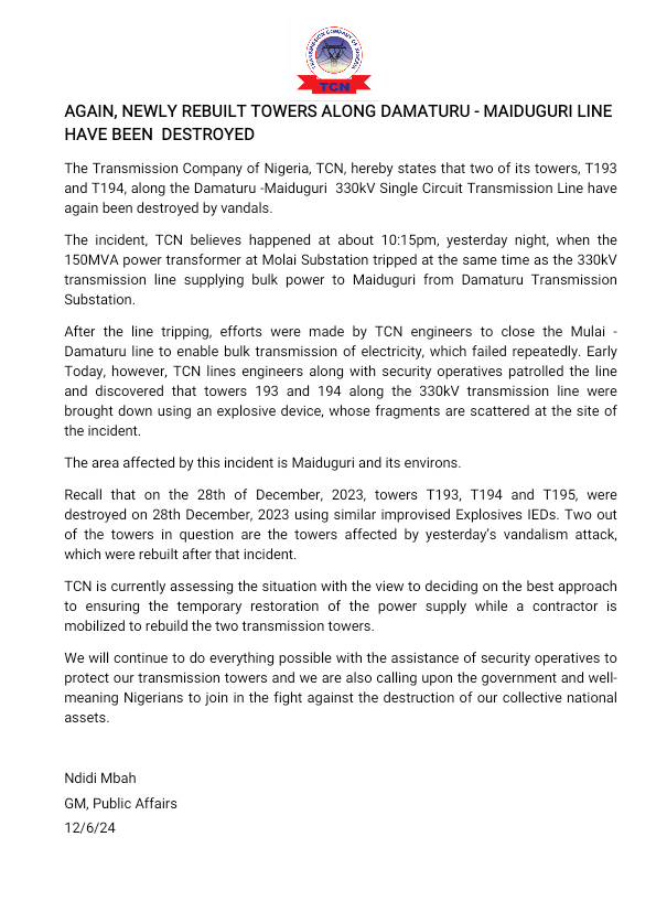 TCN_NIGERIA's tweet photo. AGAIN, NEWLY REBUILT TOWERS ALONG DAMATURU - MAIDUGURI LINE HAVE BEEN  DESTROYED

TCN, hereby states that two of its towers, T193 and T194, along the Damaturu -Maiduguri  330kV Single Circuit Transmission Line have again been destroyed by vandals.
The incident, TCN believes https://t.co/oCvBp5b9pp