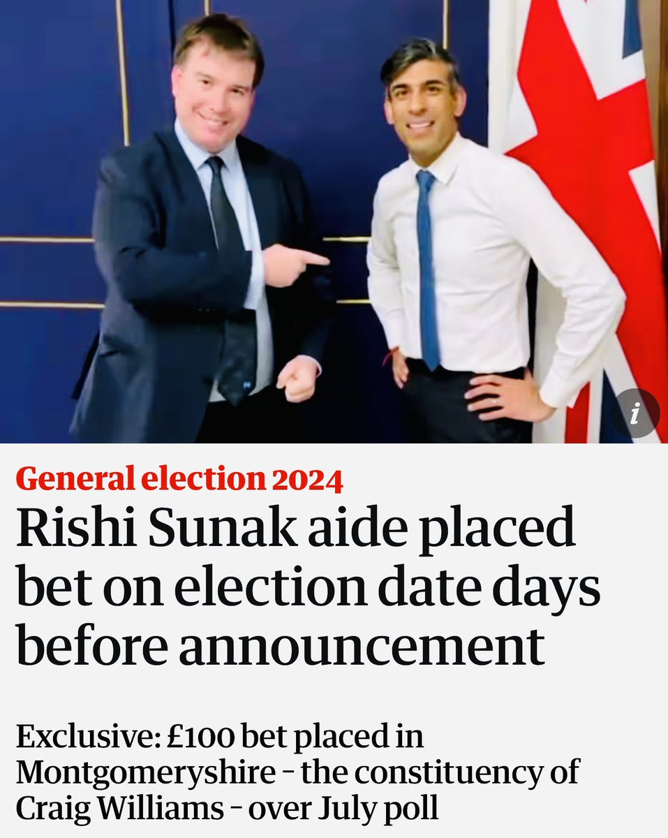 Carol Vorderman (@carolvorders) on Twitter photo BREAKING <a href="/PippaCrerar/">Pippa Crerar</a>
Rishi Sunak’s close aide MP Craig Williams (Montgomeryshire) placed £100 bet on Sunday May 19th with Ladbrokes about date of General Election
3 days BEFORE Sunak made surprise announcement
Gambling Commission reported to have launched an investigation BREAKING <a href="/PippaCrerar/">Pippa Crerar</a>
Rishi Sunak’s close aide MP Craig Williams (Montgomeryshire) placed £100 bet on Sunday May 19th with Ladbrokes about date of General Election
3 days BEFORE Sunak made surprise announcement
Gambling Commission reported to have launched an investigation