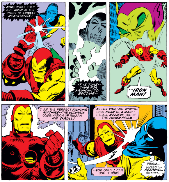 MarvelADay's tweet photo. #MarvelADay #IM65 Okay, here’s a weird bit. Krimonn, the Skrull who had been trapped in the Power Prism, somehow manages to transfer his consciousness to Iron Man. - JRW https://t.co/u5NaH2rRnw