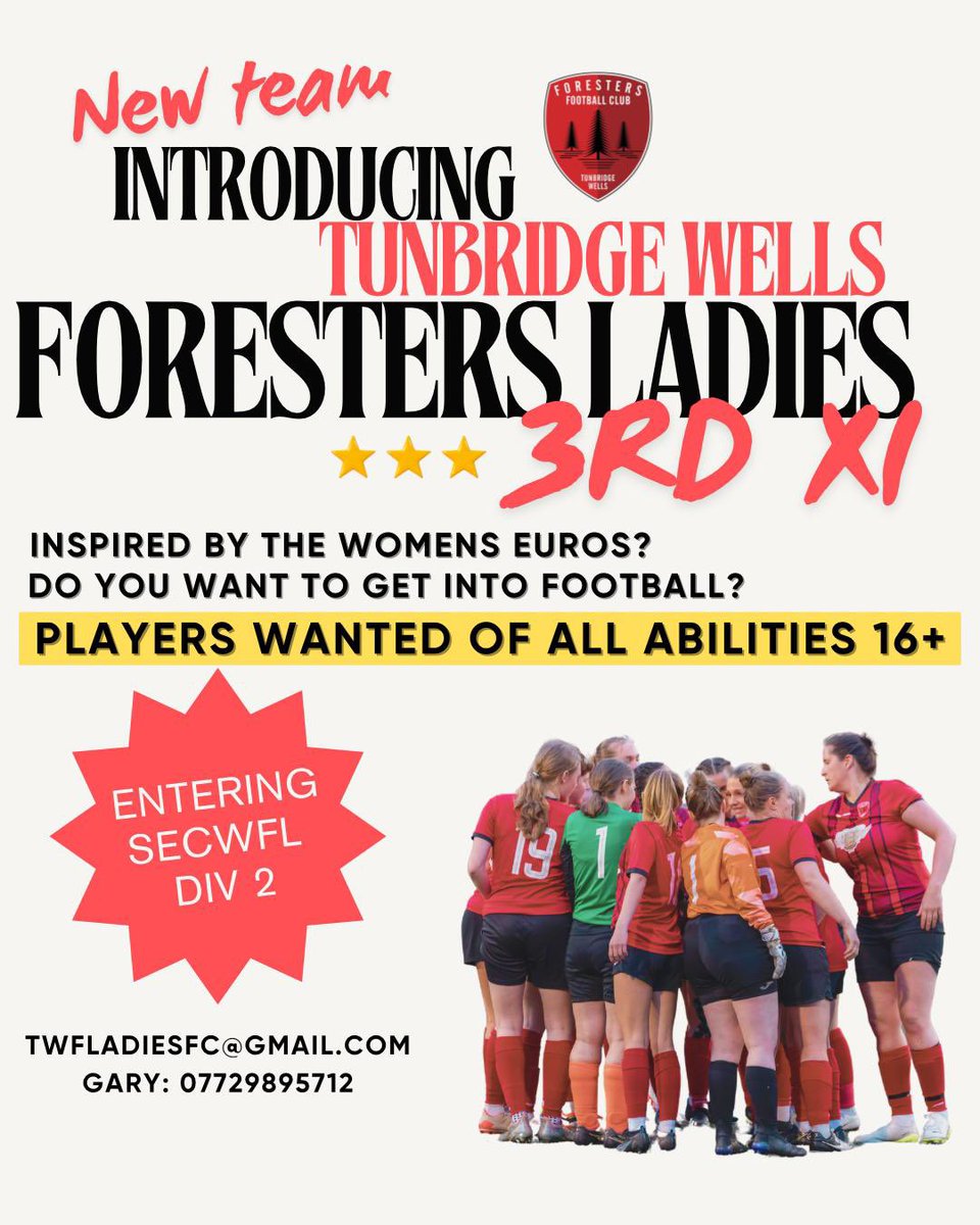 TW Foresters FC (@twforesters) on Twitter photo PLS RT #tunbridgewells
We will have our 3rd ladies team for the 2024/25 season playing in the <a href="/SECWFLnews/">SECWFL</a>
Any girls or ladies 16+ interested in joining us please get in touch
@SkinnersKent
<a href="/TWGSBSport/">TWGSB Sport</a>
<a href="/TWGGS/">TWGGS</a>
<a href="/stgregoryscs/">stgregoryscs</a>
<a href="/StGregsPE/">StGregsPE</a>
<a href="/TWGSB/">TWGSB</a>
<a href="/WestKentSport/">West Kent Sports News</a>
#fozzies🟥⬛️ PLS RT #tunbridgewells
We will have our 3rd ladies team for the 2024/25 season playing in the <a href="/SECWFLnews/">SECWFL</a>
Any girls or ladies 16+ interested in joining us please get in touch
@SkinnersKent
<a href="/TWGSBSport/">TWGSB Sport</a>
<a href="/TWGGS/">TWGGS</a>
<a href="/stgregoryscs/">stgregoryscs</a>
<a href="/StGregsPE/">StGregsPE</a>
<a href="/TWGSB/">TWGSB</a>
<a href="/WestKentSport/">West Kent Sports News</a>
#fozzies🟥⬛️