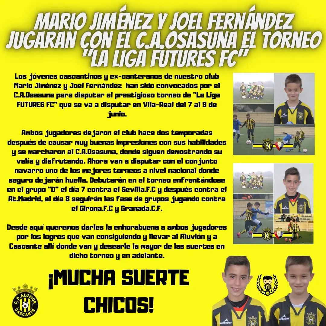 NOTICIA 🗞️📢
Los jóvenes Mario Jiménez y Joel Fernández jugarán el torneo "La Liga FUTURES FC" con el C.A.Osasuna