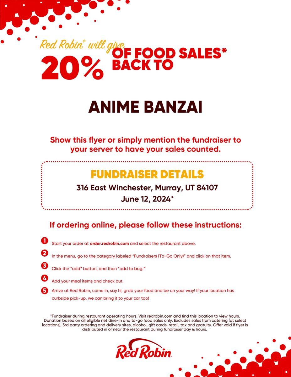 AnimeBanzai's tweet photo. Join us today at the Winchester Red Robin to Raise Money! Just show them this Flyer anytime today and Banzai will get 20% back!  Please share this with your friends and family! 

#AnimeBanzai #RedRobin #Fundraiser #YUMMM https://t.co/kokx5akWuT