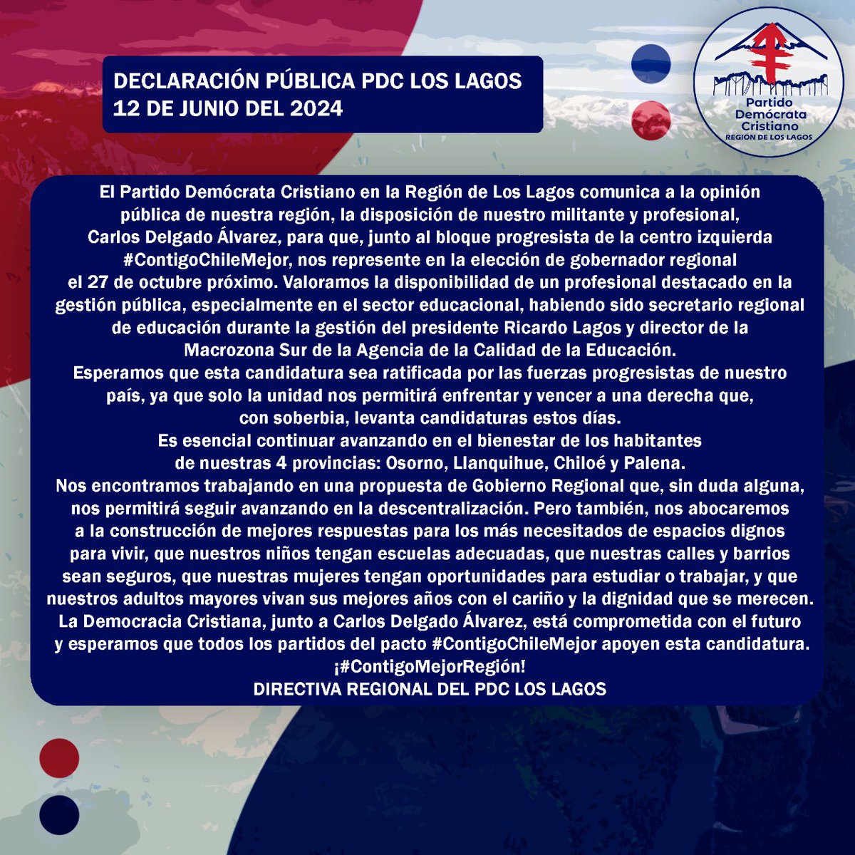 Nuestra declaración pública sobre las candidaturas a gobernador regional de nuestra región <a href="/biobio/">BioBioChile</a> <a href="/australosorno/">Austral Osorno</a> <a href="/ellanquihuecl/">diariollanquihue.cl</a> <a href="/estrellachiloe/">Estrella de Chiloé</a> <a href="/RReloncavi/">ReloncaviPuertoMontt</a> 
<a href="/radiochiloe/">radiochiloe</a> <a href="/RadioSago/">Radio Sago</a> @Gobernador_2024