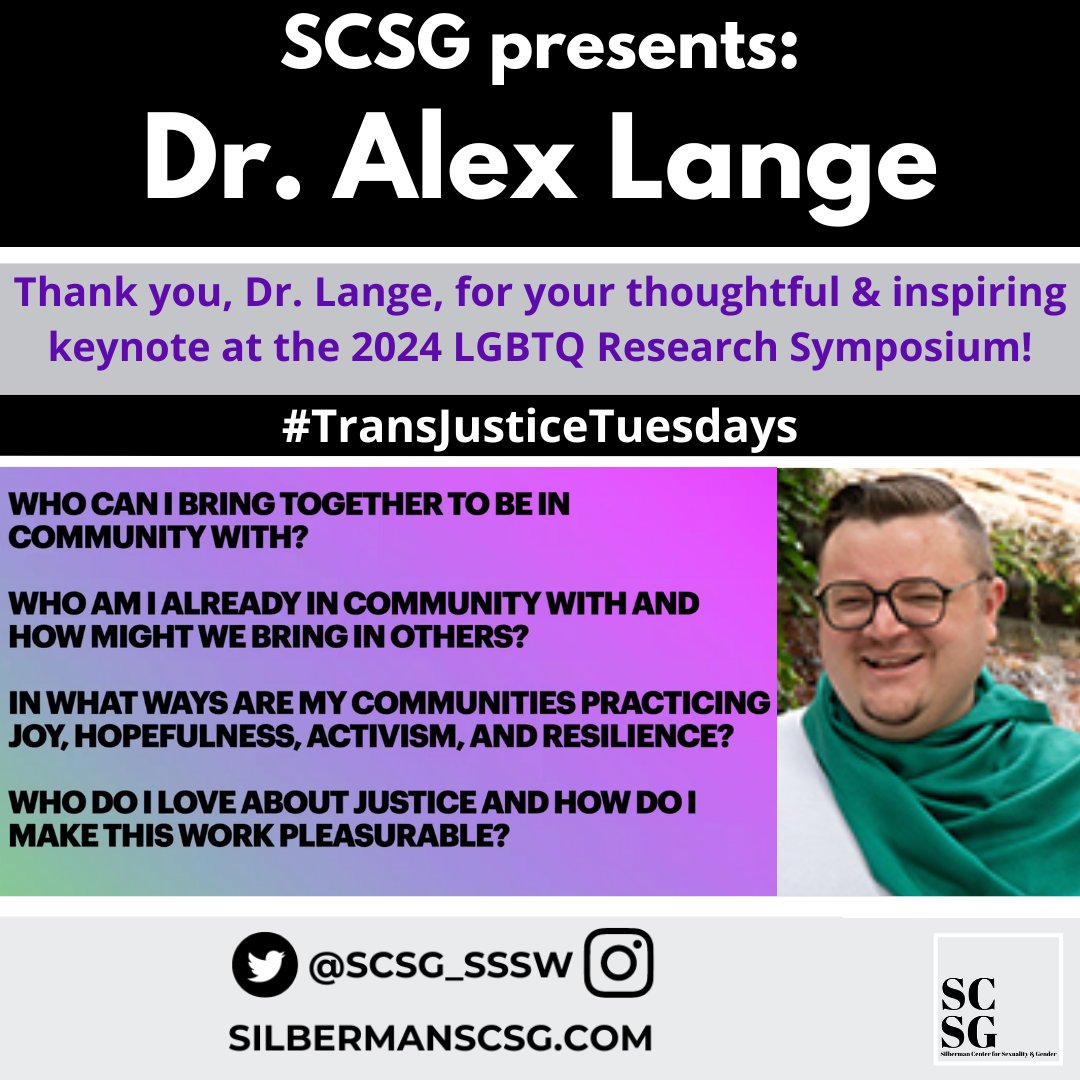 Silberman Center for Sexuality and Gender (@scsg_sssw) on Twitter photo Feeling grateful for the #LGBTQResearchSymposium keynote address by <a href="/itsAlexCL/">Alex C. Lange</a> 💜 Tks to <a href="/KUSocialWelfare/">KU Social Welfare</a> & <a href="/UConnSocialWork/">UConn Social Work</a> @DrMegPaceley & all the organizers for a fantastic symposium! #TransJusticeTuesdays Feeling grateful for the #LGBTQResearchSymposium keynote address by <a href="/itsAlexCL/">Alex C. Lange</a> 💜 Tks to <a href="/KUSocialWelfare/">KU Social Welfare</a> & <a href="/UConnSocialWork/">UConn Social Work</a> @DrMegPaceley & all the organizers for a fantastic symposium! #TransJusticeTuesdays