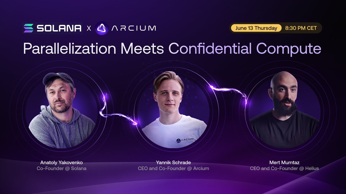 Arcium's tweet photo. ⏰ Reminder!

Tomorrow, our Co-founder and CEO @yrschrade will join @toly to discuss @solana, parallelization, and what confidential compute will bring to the ecosystem.

@mert will be at the wheel steering this convo. 🤌

Set your reminders! https://t.co/8UFPy0OdDP https://t.co/YwDayjxJp9