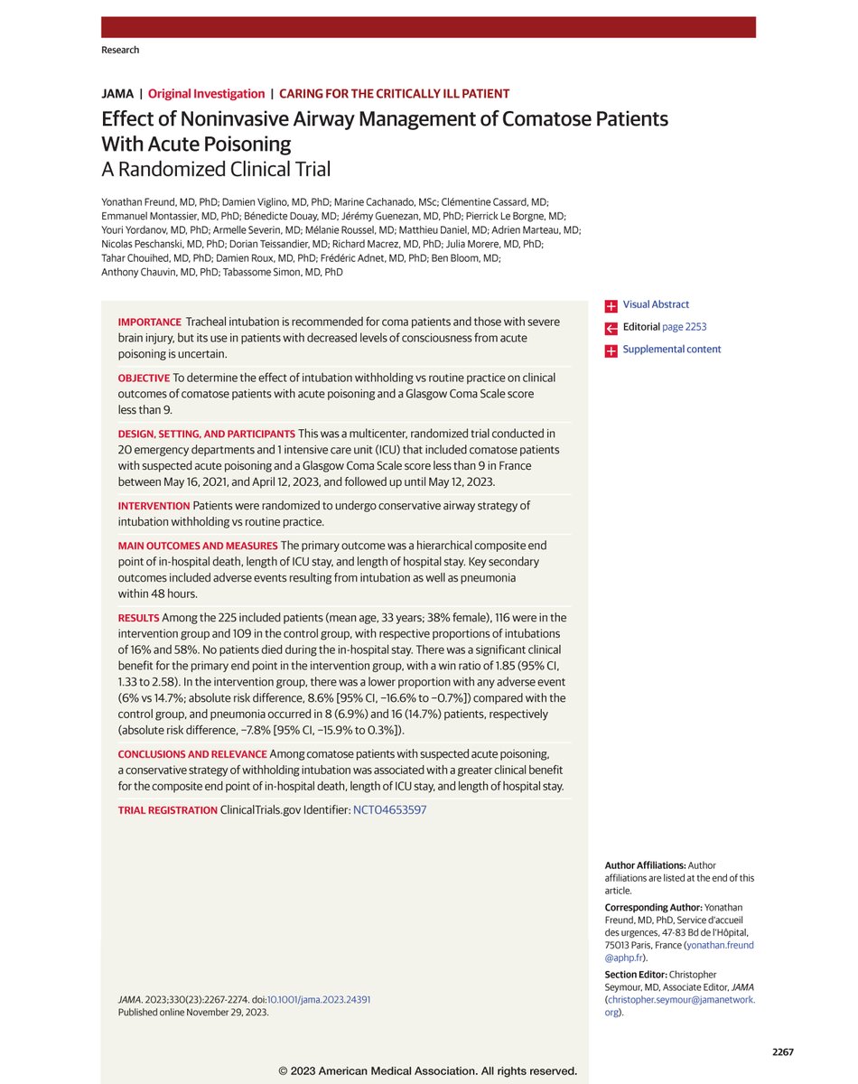 JAMA_current's tweet photo. Now at #CCR24: the NICO trial by @FreundYonathan & colleagues
Among comatose patients w/ suspected acute poisoning, a conservative strategy of withholding intubation associated with a greater clinical benefit.
Read the full results. https://t.co/wDaOB23QHh
@CritCareReviews https://t.co/V4C0VofPkr