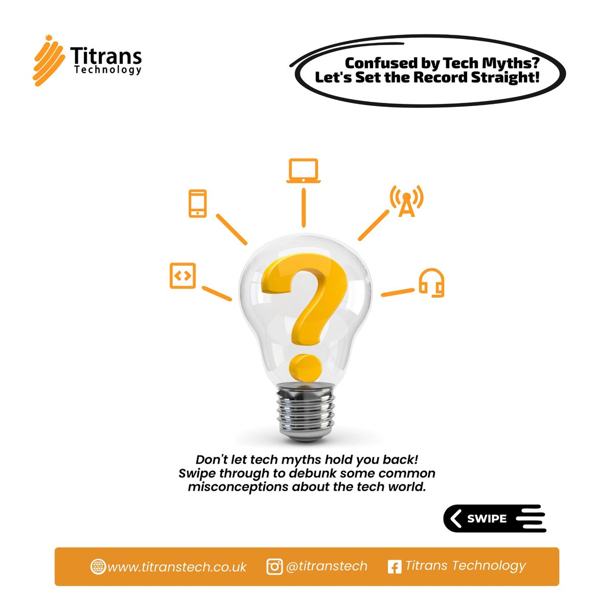 TitransTech's tweet photo. Tech Myths Debunked!   

Unsure what's true and false about the tech world? 

Swipe through to separate fact from fiction. 

#TechMyths #GetInformed https://t.co/cscBuqHR7i