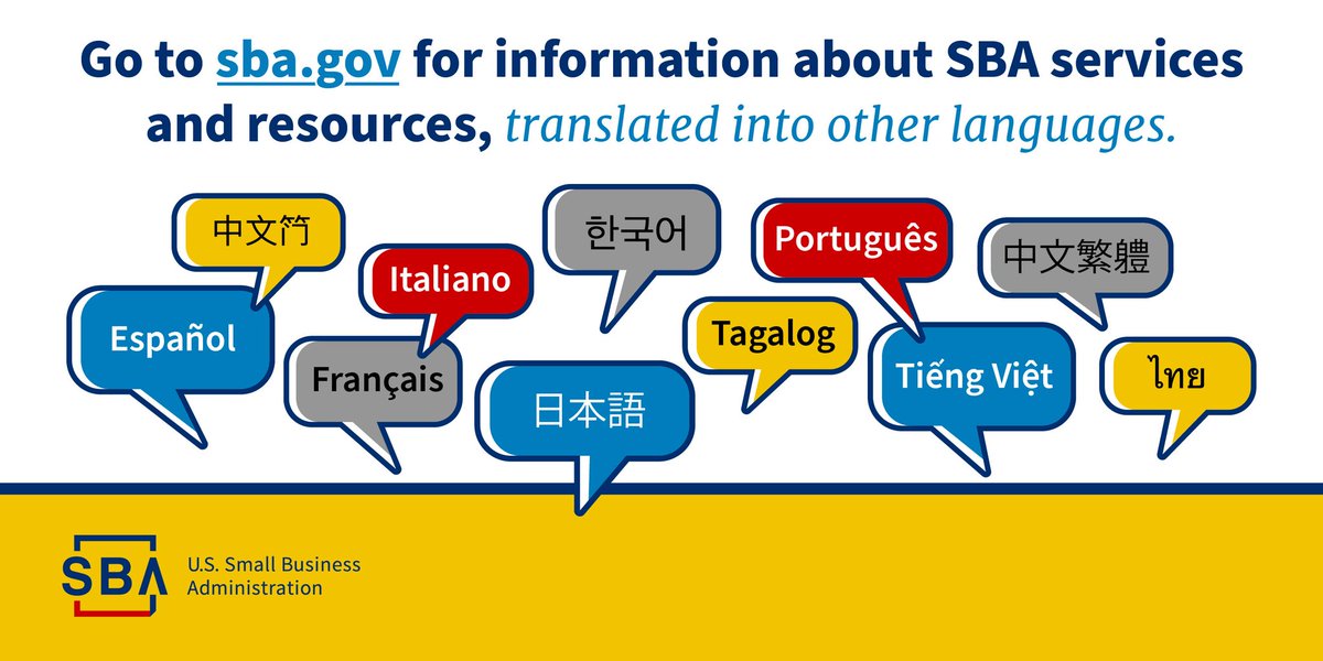 SBAgov's tweet photo. 👋 Hello! ¡Hola! Ciao!

No matter what language you speak, SBA can help. 

Information about programs, services, and resources is available: 
✅ In English: https://t.co/yR58RgV7jG 
✅ En Español: https://t.co/40VoaUx1Jj
✅ In other languages: https://t.co/V4uczJV4x6 https://t.co/Kx8y29HOq0