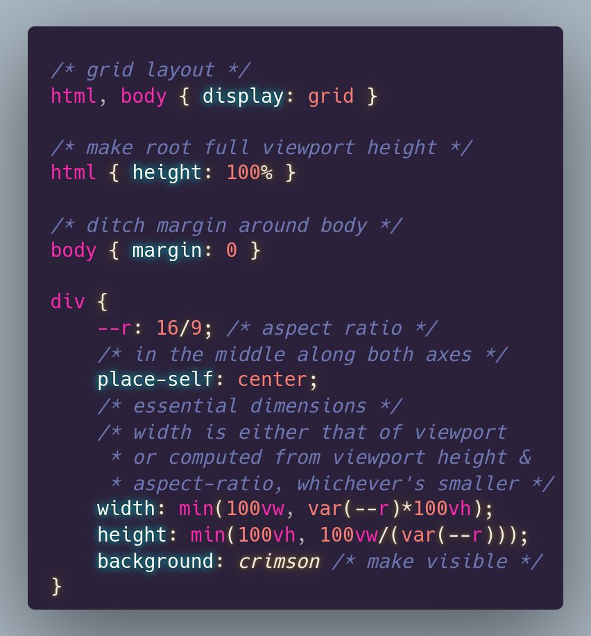 anatudor's tweet photo. #tinyCSStip Want a box with a fixed aspect-ratio which always touches either the horizontal or the vertical edges? Use CSS `min()` for both the `width` and the `height`.

Live test on @CodePen https://t.co/8Ty9ahqksL

Because I saw https://t.co/41gDhPPmBy and yikes! 😱 https://t.co/5kHuNMoqUz