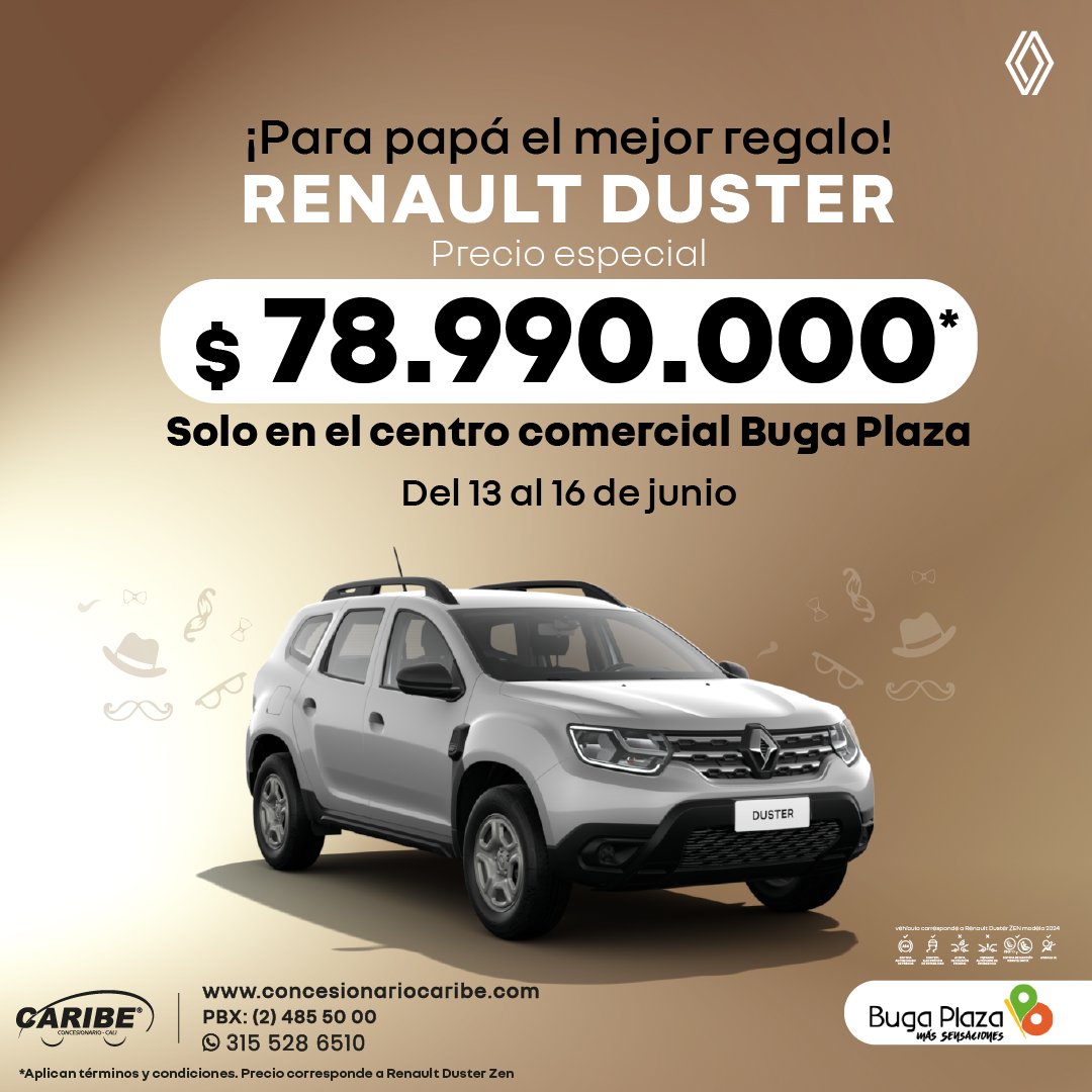 CaribeRenault's tweet image. ¡Este 13 de junio en Buga Plaza, celebra el Día del Padre con el Concesionario Caribe y la potente Renault Duster! 

WhatsApp: 315 5286510
Web: ow.ly/VMnd50FKgLK
PBX: 485 50 00

#Buga #bugavalle #milagroso #BugaPlaza #Centrocomercialbugaplaza #RenaultBuga #Renault