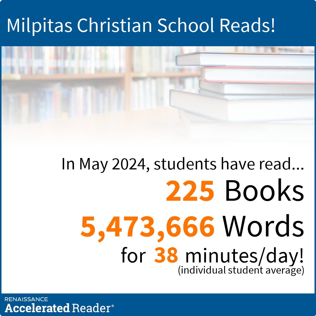 MilpitasS's tweet photo. 🎉📚 Exciting News! Our students at Milpitas Christian School have ended the school year with amazing reading achievements: 225 books, 5,473,666 words, and 38 mins/day! 🌟 Your dedication for learning are inspiring. 🚀 #MilpitasChristianSchool #ReadingAchievements #KeepReading https://t.co/XCm8WSvhkk