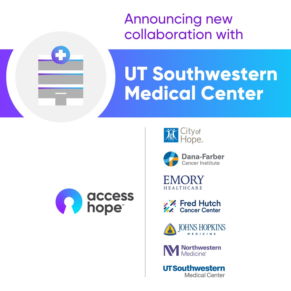 AccessHope (@myaccesshope) on Twitter photo We are thrilled to announce the addition of <a href="/UTSWMedCenter/">UT Southwestern Medical Center</a> – our seventh foundational partner – to AccessHope’s elite network of National Cancer Institute (NCI)-Designated Comprehensive Cancer Centers. AccessHope’s employer plan members and their treating oncologists in Texas, We are thrilled to announce the addition of <a href="/UTSWMedCenter/">UT Southwestern Medical Center</a> – our seventh foundational partner – to AccessHope’s elite network of National Cancer Institute (NCI)-Designated Comprehensive Cancer Centers. AccessHope’s employer plan members and their treating oncologists in Texas,
