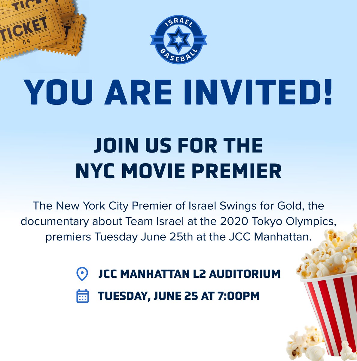 israel_baseball's tweet photo. We are thrilled to announce that we are partnering with the Manhattan JCC on June 25th at 7:00pm for the New York City Premier of Israel Swings for Gold, the documentary about Team Israel at the 2020 Tokyo Olympics! https://t.co/kI5IHUFpO3