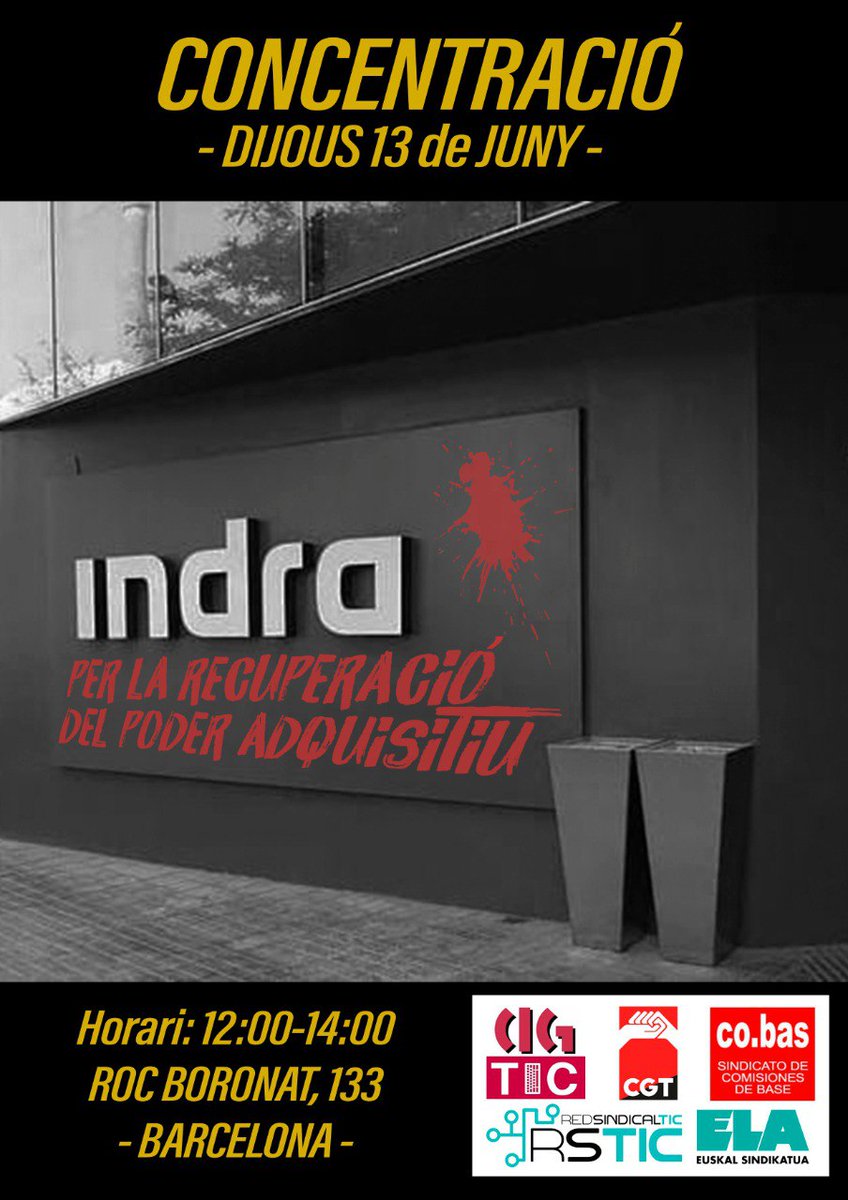 Demà concentració a <a href="/IndraCompany/">Indra</a> <a href="/minsaitbyindra/">Minsait</a>  c/ Roc Boronat 133 de 12h a 14h per demanar la recuperació del poder adquisitiu