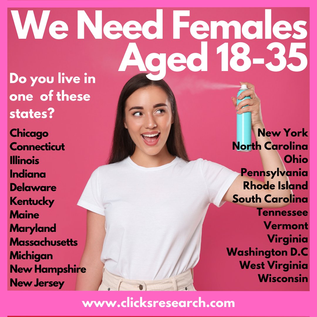 Clicks_Research's tweet photo. USA VOLUNTEERS ONLY - NEW STATES ADDED

We are urgently recruiting Females between 18-35 years old who are living in the states listed to trial a Dry Shampoo for FREE! 

Please sign up today at https://t.co/LUb4XLMkIh  and complete the HAIR profile questions. 

Clicks Research https://t.co/fGXNfxvCbi