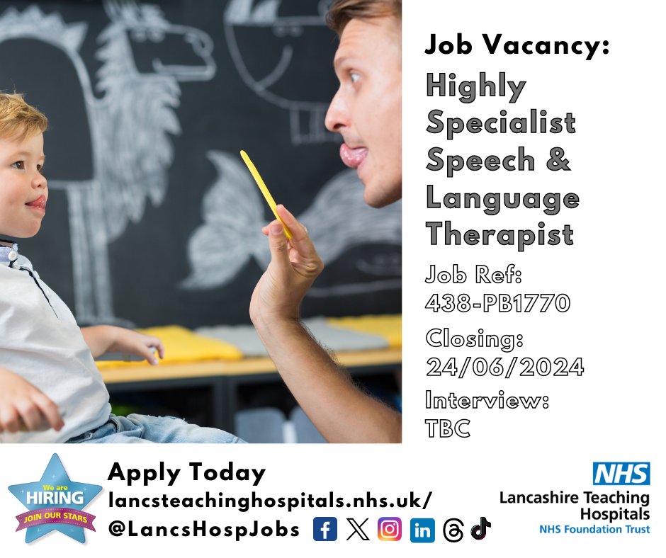 Job Vacancy: Highly Specialist Speech &amp; Language #Therapist

⏰Closes: 24/06/2024

Read more and apply: lancsteachinghospitals.nhs.uk/join-our-workf…

#NHS #NHSjobs #lancashire #lancashirejobs #SpeechandLanguageTherapy #SpeechTherapist #Band7 #Preston <a href="/SLT_LTHTR/">Speech Therapy LTHTR</a>