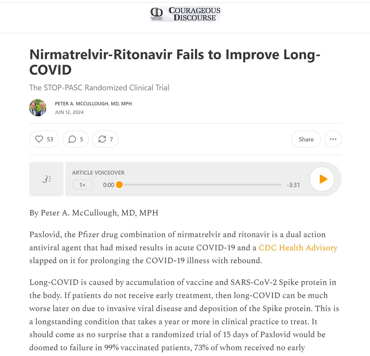 Nirmatrelvir-Ritonavir Fails to Improve Long-COVID

The STOP-PASC Randomized Clinical Trial

15 days of Paxlovid found useless for a Spike protein illness driven by repeated vaccines over years.  Shows these NIH funded clinical trialists do not understand the pathophysiology of