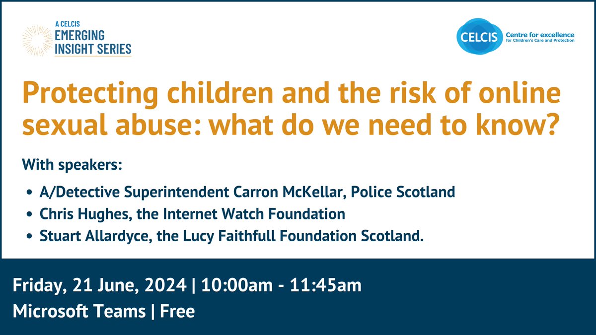 CELCIS (@celcistweets) on Twitter photo Join us for a free webinar where speakers from <a href="/PoliceScotland/">Police Scotland</a>, <a href="/IWFhotline/">Internet Watch Foundation (IWF)</a> and <a href="/Lucy_Faithfull/">Lucy Faithfull Found</a>, in conversation with Director of CELCIS <a href="/clairemiggy/">Claire Burns</a>, will discuss new online risks to children, including from AI, and what is being done to take action: buff.ly/4bYNKYQ Join us for a free webinar where speakers from <a href="/PoliceScotland/">Police Scotland</a>, <a href="/IWFhotline/">Internet Watch Foundation (IWF)</a> and <a href="/Lucy_Faithfull/">Lucy Faithfull Found</a>, in conversation with Director of CELCIS <a href="/clairemiggy/">Claire Burns</a>, will discuss new online risks to children, including from AI, and what is being done to take action: buff.ly/4bYNKYQ