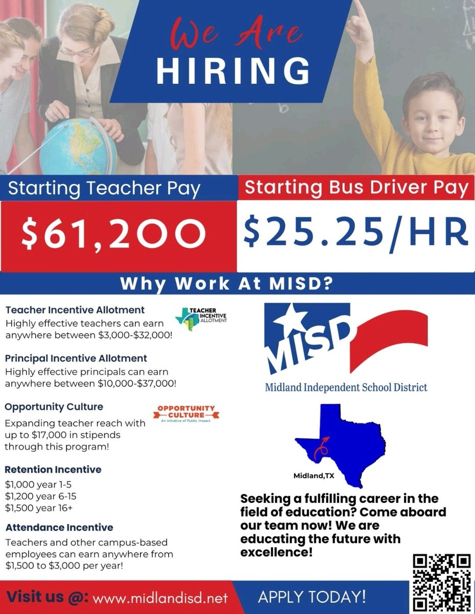 MidlandISD_HR's tweet photo. Join Midland ISD and make a difference in public education by impacting lives and shaping futures! Apply Today! #MidlandISD #PublicEducation #TeachingJobs #EducationCareers #ImpactLives #ShapeFutures #JoinUs #HiringNow #Education https://t.co/IsesM6TyCY