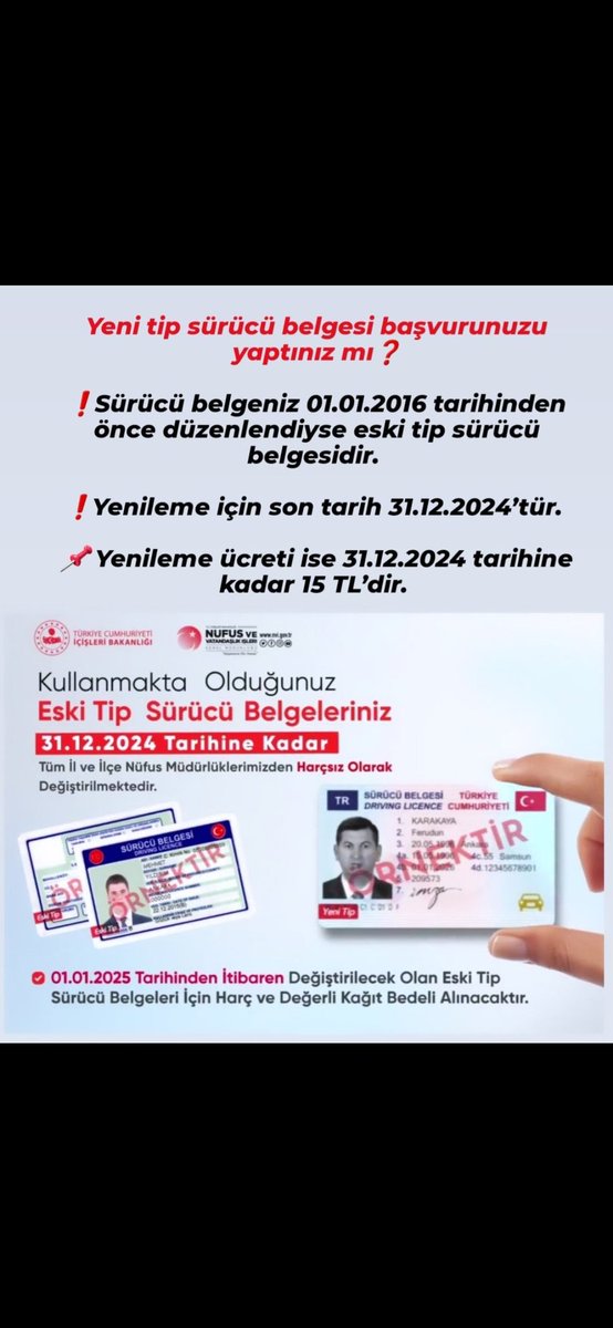 Tokat İl Nüfus ve Vatandaşlık Müdürlüğü (@tokatilnufus) on Twitter photo Yeni Kimlik Kartı Başvurunuzu ve Yeni tip Sürücü Belgesi başvurunuzu yaptınız mı? Yeni tip kimlik ve sürücü başvurusu yapmayan vatandaşlarımızı Nüfus Müdürlüğümüze bekliyoruz.<a href="/TC_icisleri/">T.C. İçişleri Bakanlığı</a> <a href="/TCNufus/">Nüfus ve Vatandaşlık İşleri Genel Müdürlüğü</a> <a href="/tokatvaliligi/">Tokat Valiliği</a> <a href="/numanhatipoglu/">Numan Hatipoğlu</a> <a href="/AliDaglioglu37/">Ali DAĞLIOĞLU</a> Yeni Kimlik Kartı Başvurunuzu ve Yeni tip Sürücü Belgesi başvurunuzu yaptınız mı? Yeni tip kimlik ve sürücü başvurusu yapmayan vatandaşlarımızı Nüfus Müdürlüğümüze bekliyoruz.<a href="/TC_icisleri/">T.C. İçişleri Bakanlığı</a> <a href="/TCNufus/">Nüfus ve Vatandaşlık İşleri Genel Müdürlüğü</a> <a href="/tokatvaliligi/">Tokat Valiliği</a> <a href="/numanhatipoglu/">Numan Hatipoğlu</a> <a href="/AliDaglioglu37/">Ali DAĞLIOĞLU</a>