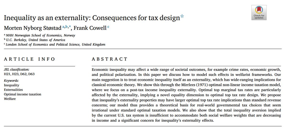MortenStostad's tweet image. New publication: "Inequality as an Externality", w. F. Cowell in the Journal of Public Economics.
We argue that most major economic models assume that economic inequality has essentially no societal consequences.
Why? The idea is that economic inequality is an externality.