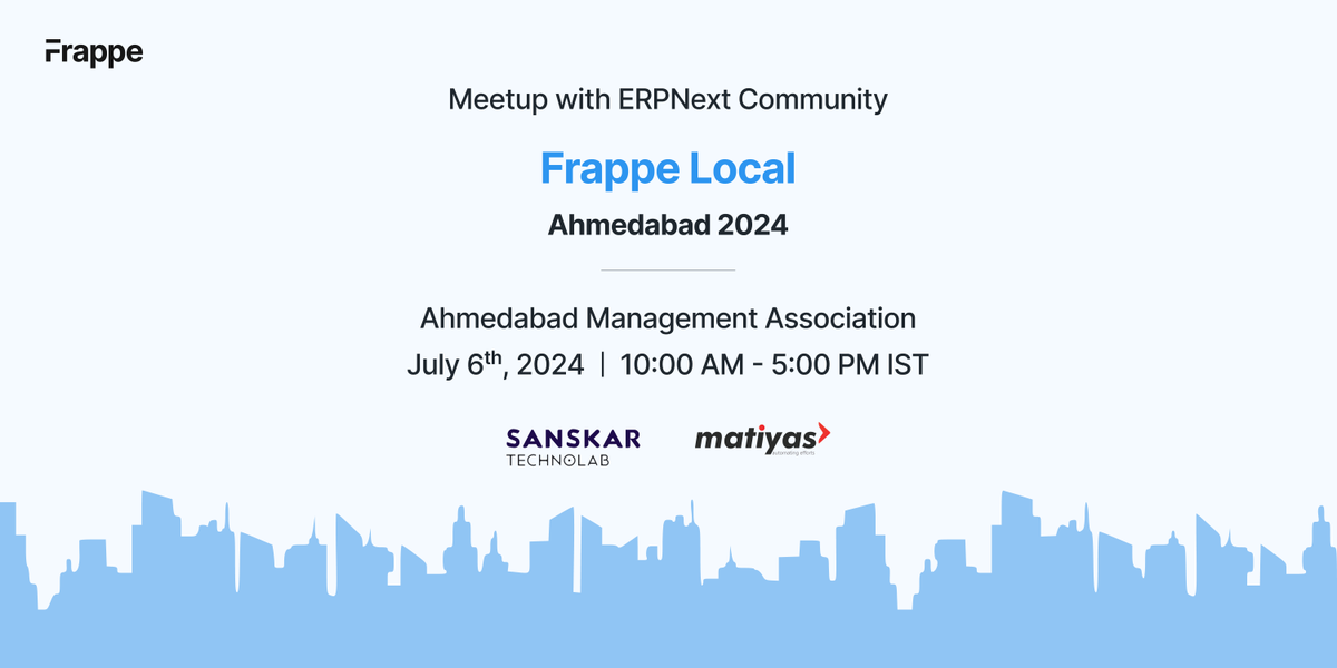 frappetech's tweet photo. Join us in Ahmedabad this July 2024 as Frappe, Sanskar technolab Pvt. Ltd., and @MatiyaSolutions team up to bring the local community together! 

Dive into the world of ERPNext and the Frappe ecosystem. Hear straight from our partners and customers—because who tells it better? 🚀 

https://t.co/SY4Av61IgW