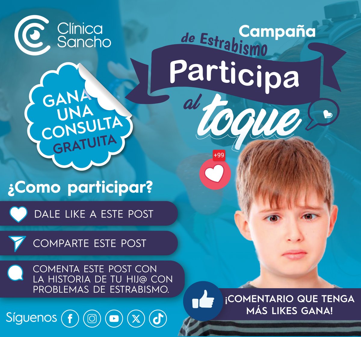 ClinicaSancho's tweet photo. ¡No te lo pierdas! Sorteamos una consulta gratuita para tu hij@ con estrabismo. 
👉Dale like a este post 
👉Compártelo con tus amigos y familiares 
👉Comenta el caso de tu hij@ con estrabismo 
El comentario con más likes será el ganador. 
válida hasta el 20 de junio.
#Sorteosalud https://t.co/rTnQGdePqq
