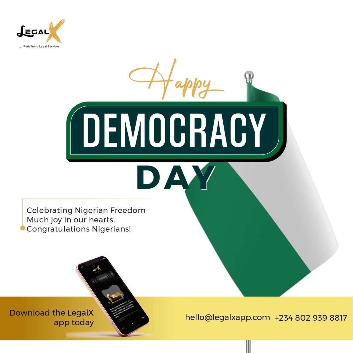 LegalxApp's tweet photo. Happy Democracy Day!

Wishing all Nigerians a day of rest.

#LegalX #DemocracyDay2024 #June12 https://t.co/qzaZnQGZiT
