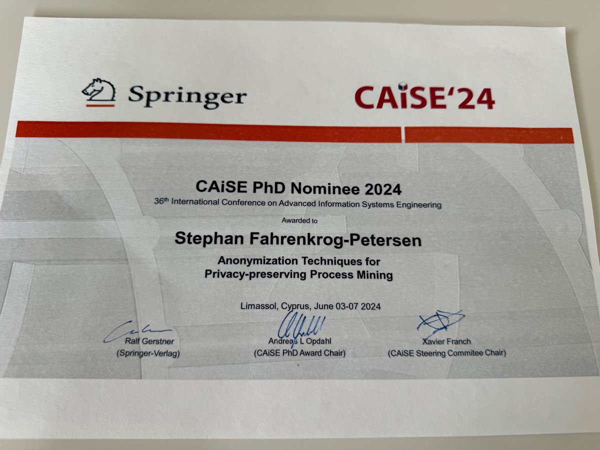 Stephan Fahrenkrog-Petersen (@fp_stephan) on Twitter photo I am very happy to announce that I was selected as a <a href="/CAiSEConf/">CAiSE Conf</a> PhD Nominee 2024. My thesis was considered one of the top 3 theses in Information Systems Engineering! I am very happy about this!
A big thanks to my supervisor, <a href="/mweidlich/">Matthias Weidlich</a>, and all my co-authors! I am very happy to announce that I was selected as a <a href="/CAiSEConf/">CAiSE Conf</a> PhD Nominee 2024. My thesis was considered one of the top 3 theses in Information Systems Engineering! I am very happy about this!
A big thanks to my supervisor, <a href="/mweidlich/">Matthias Weidlich</a>, and all my co-authors!