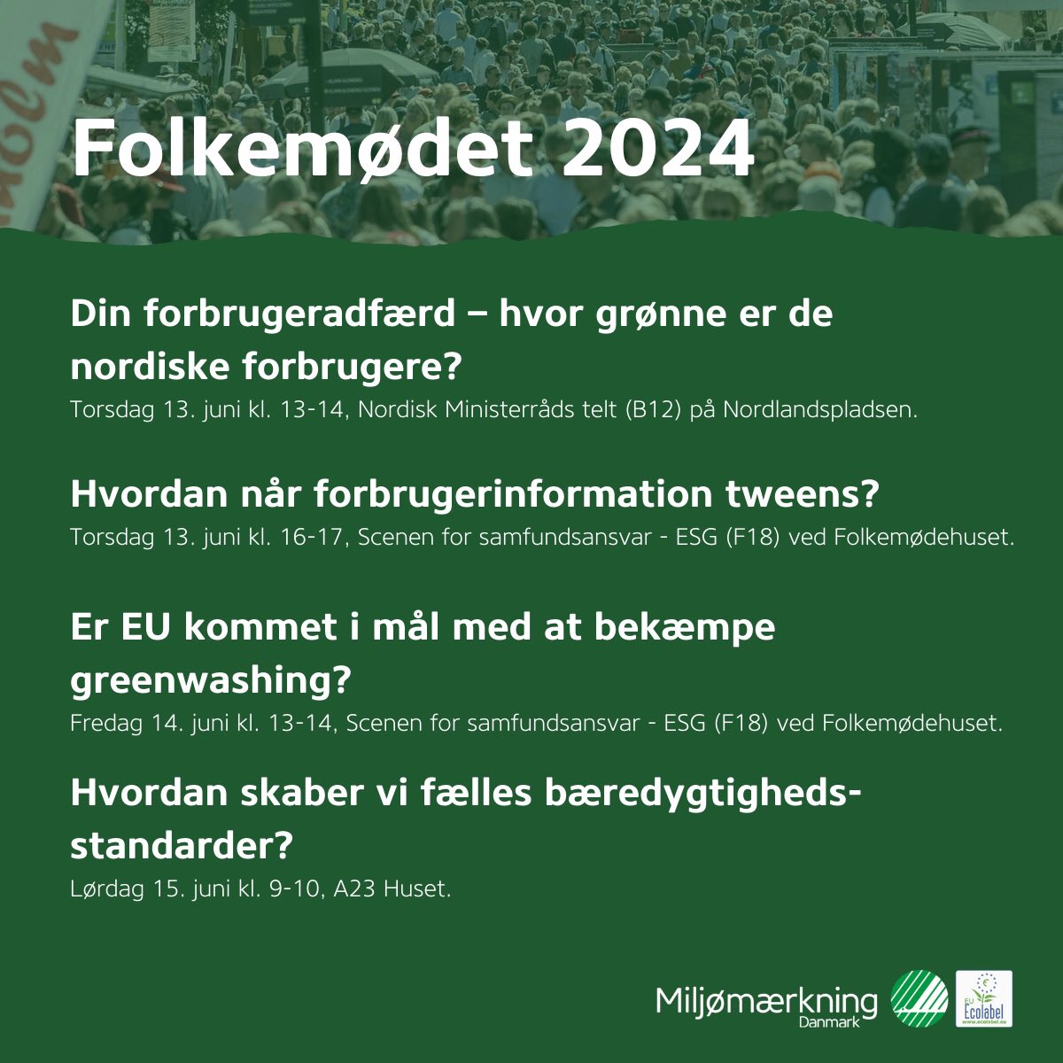 På Folkemødet har Miljømærkning Danmark 4 debatter om vor grønne udvikling. Alle er velkomne 😀 
Se mere 👇
svanemaerket.dk/mod-os-pa-folk…

 #dkgreen #folkemøde