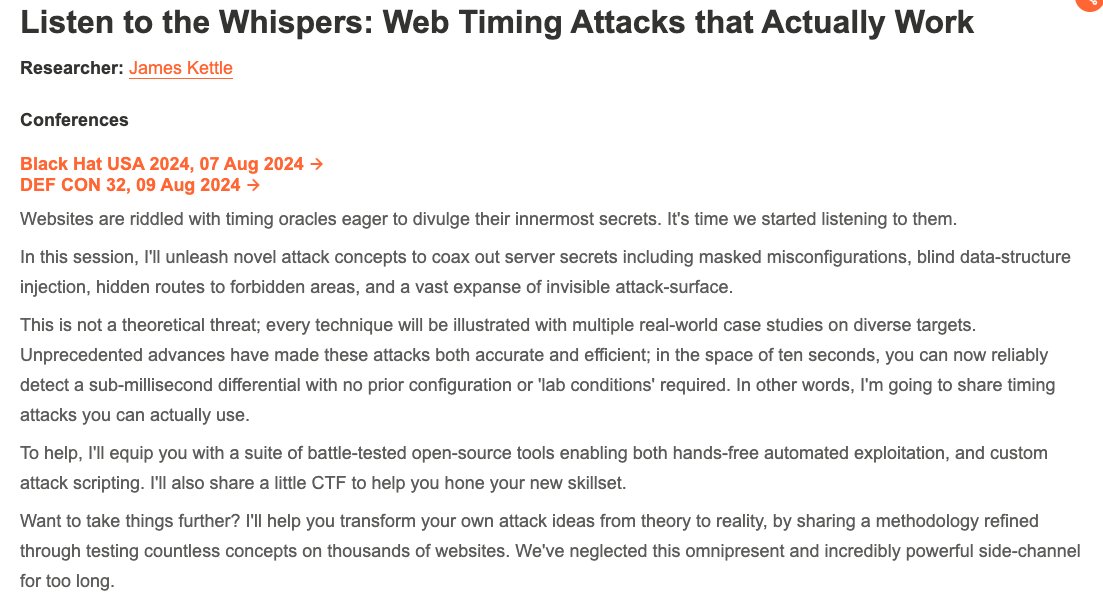Good news - I'll be presenting "Listen to the whispers: web timing attacks that actually work" at <a href="/defcon/">DEF CON</a>! See you there! #DEFCON32