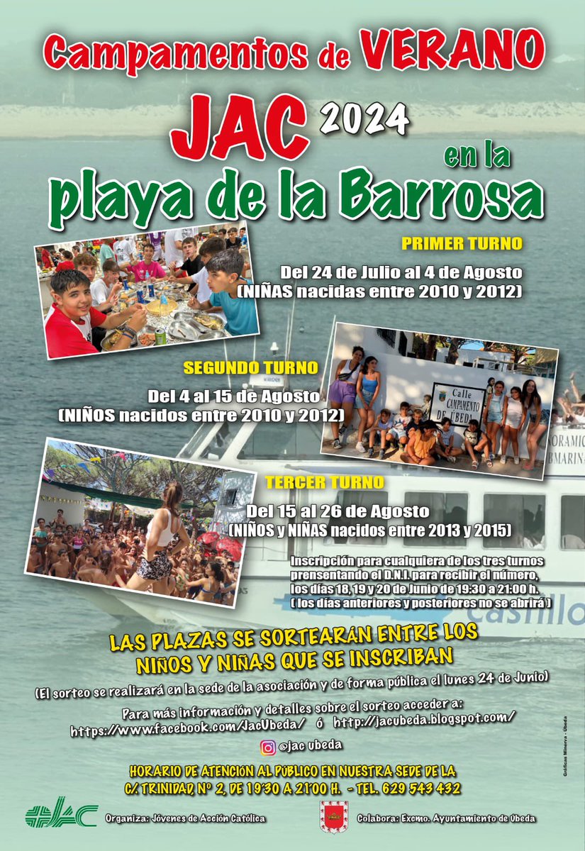 marina_maex's tweet photo. Un año más volvemos a disfrutar de nuestros Campamento en ese trozo de Úbeda en La Barrosa.

El reparto de números será los días 18, 19 y 20 de junio de 19:30-21:00, debiendo presentar DNI o Libro de Familia.
El sorteo de plazas será el día 24 de junio (19:30h)

Os esperamos! 😋 https://t.co/K7UP8cYETs
