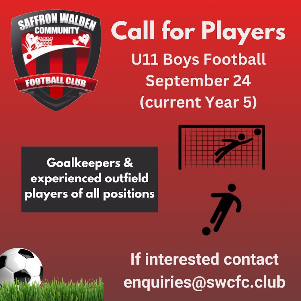 Saffron Walden Community FC (@swcommunityfc) on Twitter photo We have a few spaces for goalkeepers and outfield players next season (Year 6 Sep' 24) in one of our six U11 boys teams ⚽️
We're based in #SaffronWalden, playing Saturday morning matches in the Cambs Mini Soccer League.
If interested, please contact enquiries@swcfc.club 🔴⚫️⚽️ We have a few spaces for goalkeepers and outfield players next season (Year 6 Sep' 24) in one of our six U11 boys teams ⚽️
We're based in #SaffronWalden, playing Saturday morning matches in the Cambs Mini Soccer League.
If interested, please contact enquiries@swcfc.club 🔴⚫️⚽️