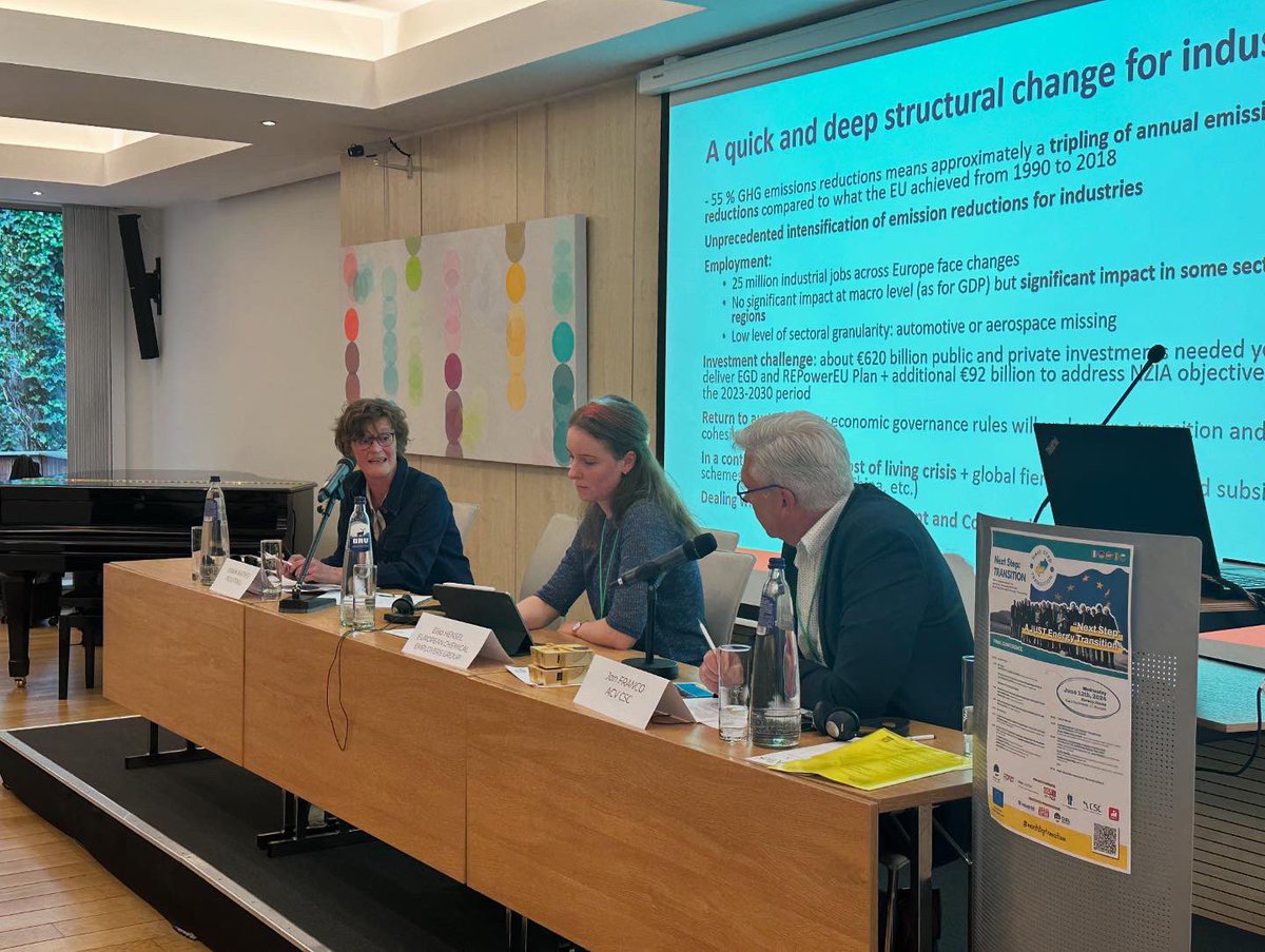 industriAll_EU's tweet photo. Industrial Policy 🏭 📝 is not a dirty word anymore. 

It’s back on the #EU agenda. It’s not exactly what we want but we will continue to push for more robust industrial policy💪

@industriAll_EU calls for more social dialogue 🗣️ and #collectivebargaining! 👩‍🏭Workers need to be involved 👷🏽‍♀️

We need to anticipate and manage the changes : we call for a #JustTransition framework ♻️ explains @IsabelleBarthes