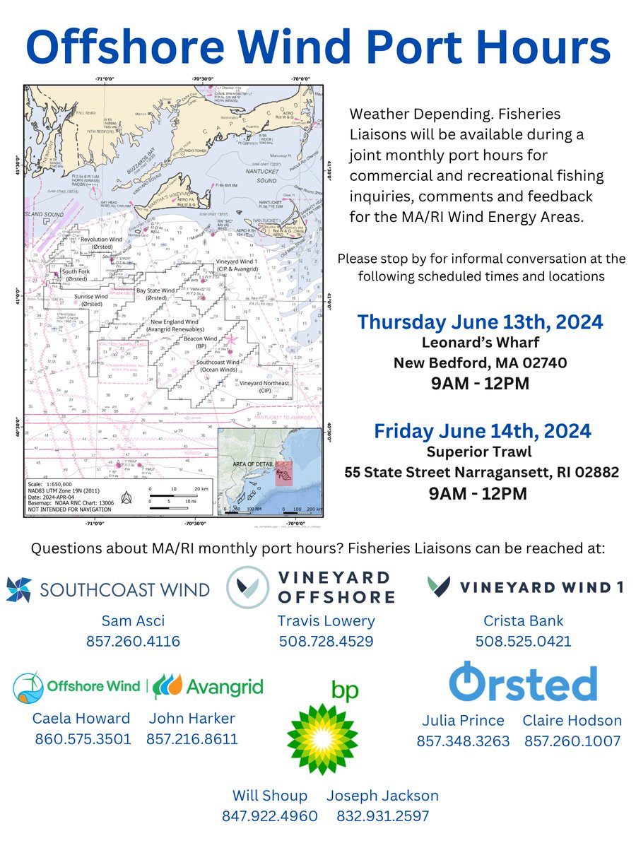 This week, our team will be in New Bedford, MA on Thursday and Narragansett, RI on Friday to talk about our projects. Come by and chat with our Fisheries Liaisons to learn more about what we're working on.  #fisheries