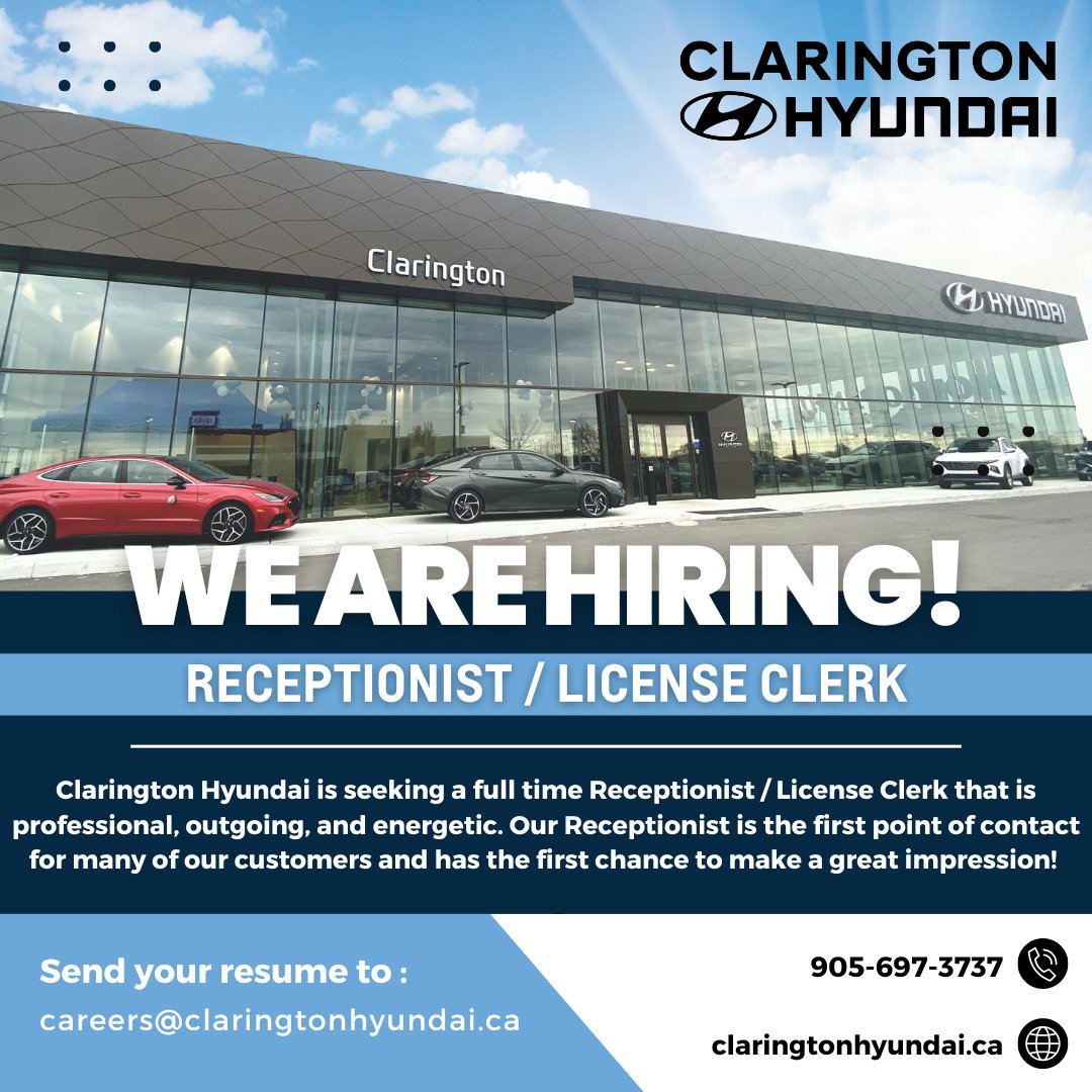 ClaringtonHyund's tweet photo. Clarington Hyundai is seeking a full time Receptionist that is professional, outgoing, and energetic. Our Receptionist is the first point of contact for many of our customers and has the first chance to make a great impression!  For more info, please visit our careers page. https://t.co/TC6TVwqk86