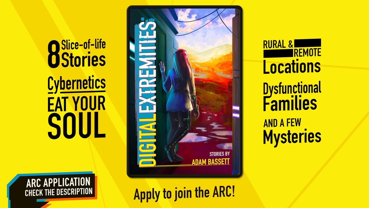 Yesterday we revealed the cover art for Digital Extremities. Today we're digging into what the collection's actually like. 

🍕Slice-of-Life
🌳Rural &amp; Remote Locations
👻Cybernetics Eat Your Soul
😬Dysfunctional Families
❓Mysteries
+ More...

ARC in the 🧵