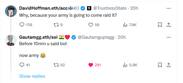 😂 Yes , These 2 <a href="/BanklessHQ/">Bankless</a>  Mfer Guys Are Defending Herself <a href="/TrustlessState/">David Hoffman</a>  , <a href="/RyanSAdams/">RYAN SΞAN ADAMS - rsa.eth 🦄</a>  .

❌They Are Taking Feedback 
✅ Just Teasing The Community 

They Don't know how to communicate with the community and also disrespecting the community.

• They Said We Are Bot- Bec