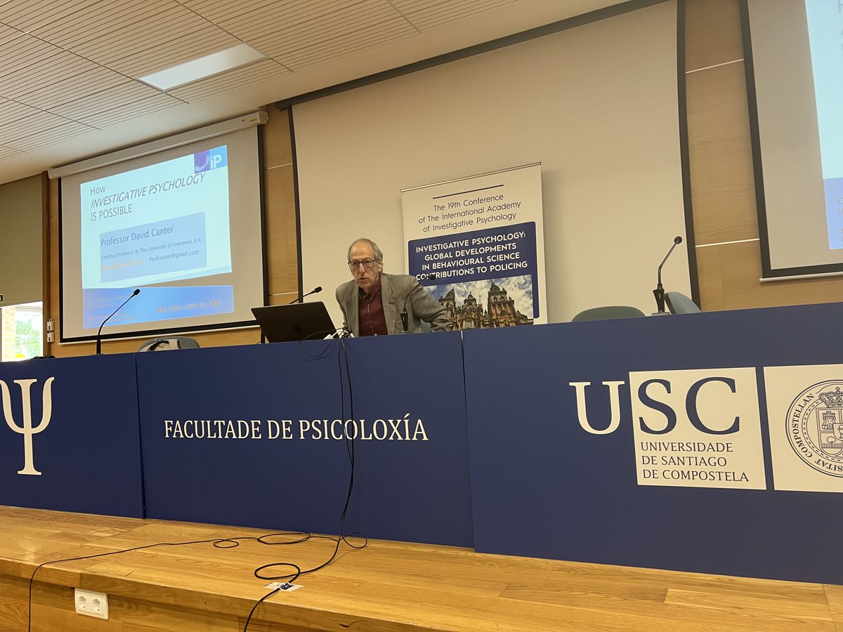jplsynnott's tweet photo. At the 19th Conference of the International Academy of #InvestigativePsychology at the @UniversidadeUSC Santiago De Compestela. @ProfDavidCanter is currently delivering the first keynote of the conference on the origins of the science of IP. Exciting week of presentation’s ahead https://t.co/nfbucJAead