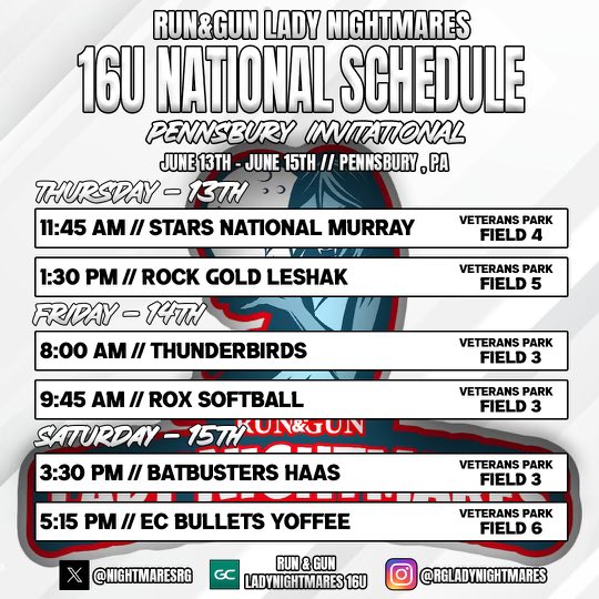 NightmaresRG's tweet photo. We wish our 16u and 18u national teams good luck this weekend at the pennsbury invitational! #alwaysonoffense @NightmaresNew @ExtraInningSB @LegacyLegendsS1 @CoastRecruits @PhilWilhelmy @CCarrara1 @DanaGarrity420 @QrRecruiter
π§ββοΈπ₯π§ββοΈπ₯ https://t.co/ggmMM63Cf3