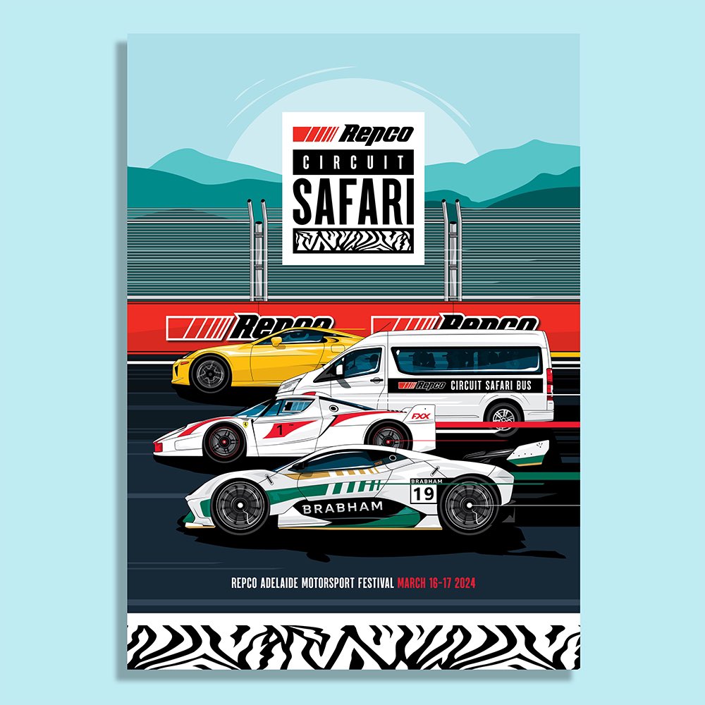tristgroves's tweet photo. Illustration and branding work commissioned by Repco earlier this year for the Repco Circuit Safari, held at the 2024 Adelaide Motorsport Festival. https://t.co/IqbwG4FgE3