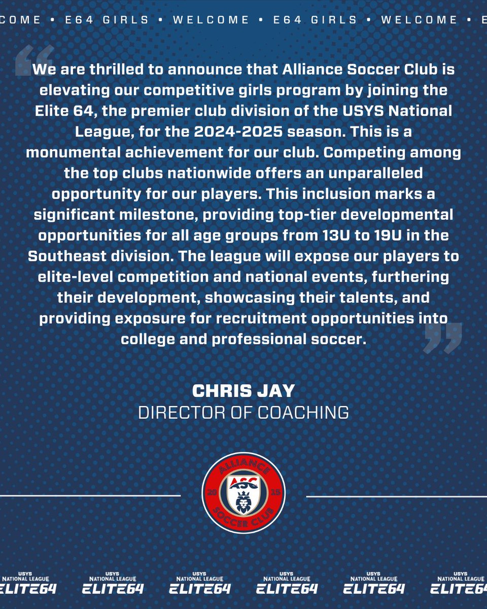 We are very excited to welcome <a href="/AllianceSC_/">Alliance Soccer Club</a> to Elite 64 as a new girls club! #EarnYourPlace #EveryMomentCounts