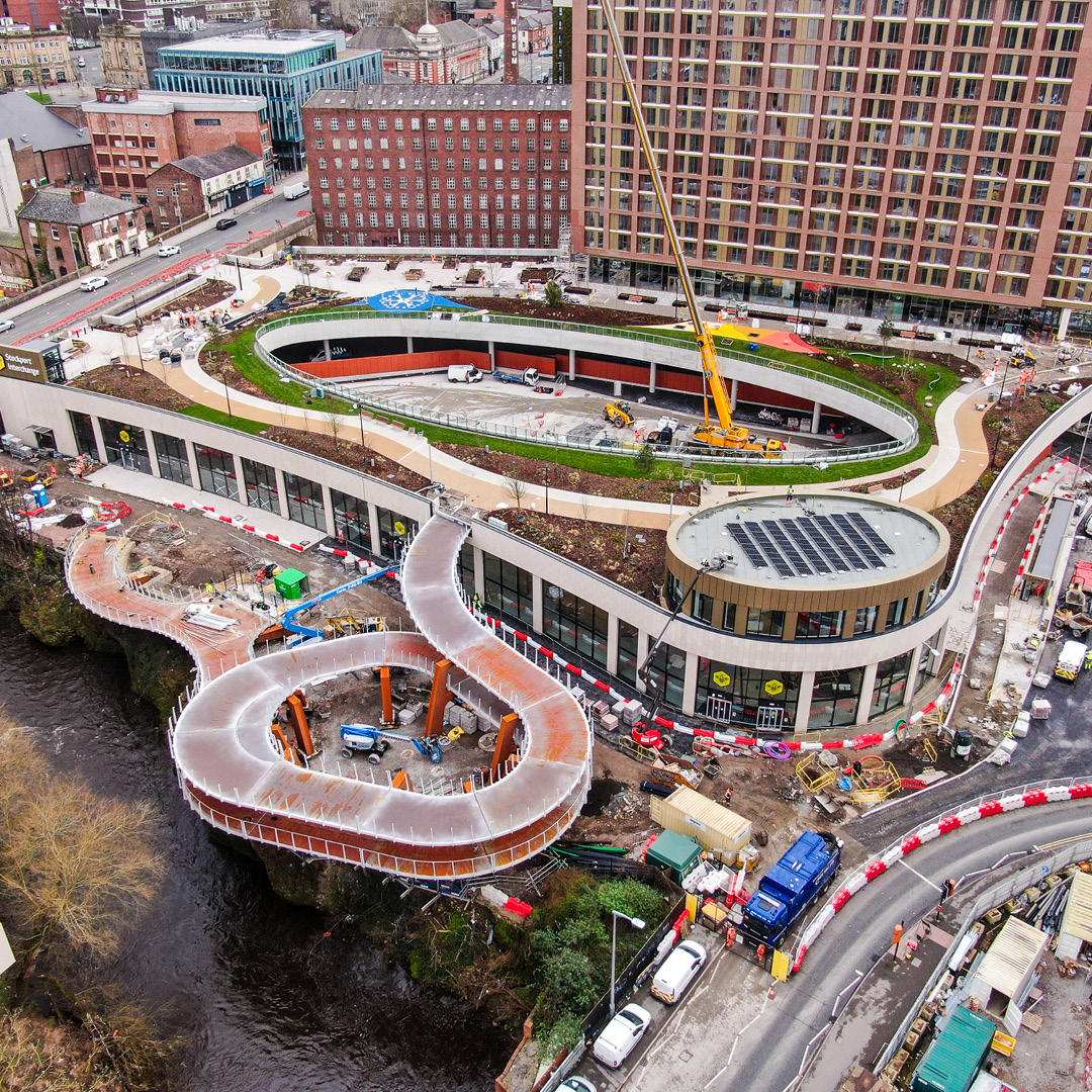 THP are delighted to announce the Stockport Interchange - cycle link is now officially open!
The innovative spiral ramp provides seamless, step-free access from Viaduct Park down to the River Mersey, offering pedestrians and cyclists easy connectivity to the surrounding areas.
