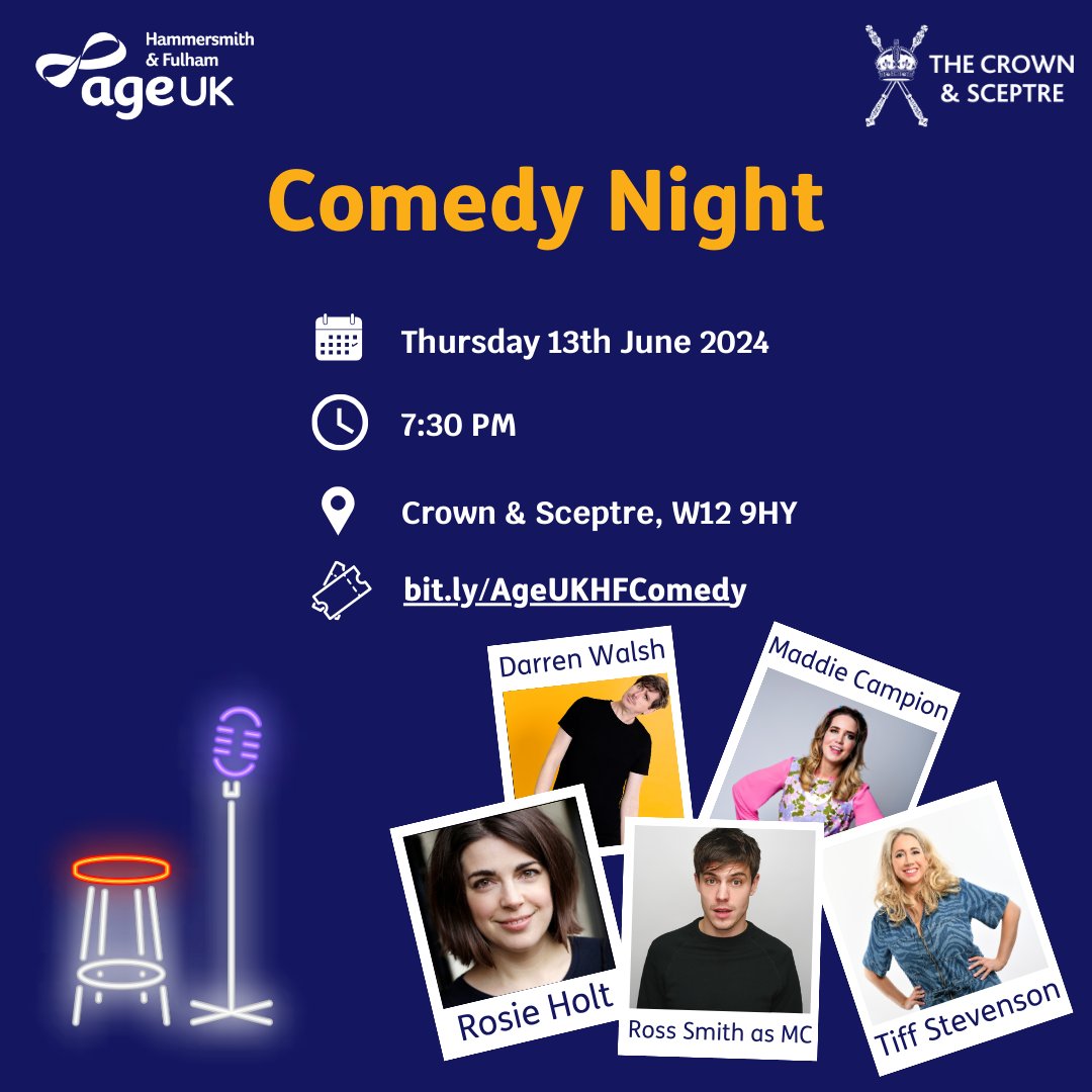 Age UK Hammersmith & Fulham (@ageukhf) on Twitter photo Our Comedy Night is tomorrow! 🎉
Hosted by the amazing <a href="/Rosssmithcomedy/">Ross smith</a> 🎤
Featuring Maddie Campion, <a href="/DarrenWalshPuns/">Darren Walsh Puns</a>, <a href="/tiffstevenson/">Tiffany Stevenson</a>, and <a href="/RosieisaHolt/">Rosie Holt</a> ✨
Don't miss the fun and special auction at the end!
Tickets: Bit.ly/ComedyNight24 Our Comedy Night is tomorrow! 🎉
Hosted by the amazing <a href="/Rosssmithcomedy/">Ross smith</a> 🎤
Featuring Maddie Campion, <a href="/DarrenWalshPuns/">Darren Walsh Puns</a>, <a href="/tiffstevenson/">Tiffany Stevenson</a>, and <a href="/RosieisaHolt/">Rosie Holt</a> ✨
Don't miss the fun and special auction at the end!
Tickets: Bit.ly/ComedyNight24