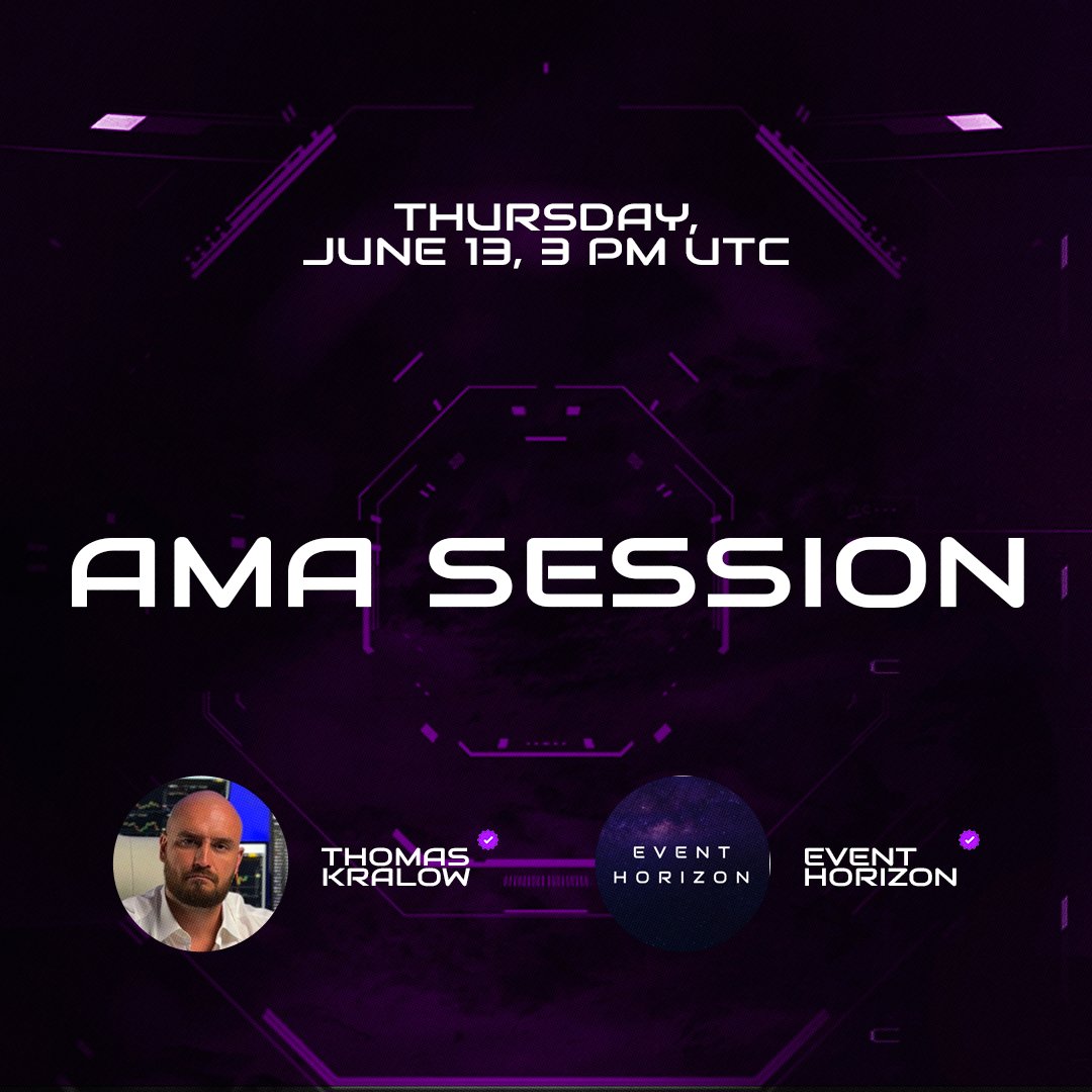 First Event Horizon AMA Session!  

🎙 Hosts: <a href="/EventHorizonDEX/">Name</a>, <a href="/TKralow/">Thomas Kralow</a> 
🗓 Date &amp; Time: Thursday, June 13, 3 PM UTC  

Explore Event Horizon, the latest season update, and discover the next big activity for Community Badge holders! 👀🔔

Be the first to know. Set a reminder ⤵️